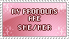 Stamp of pink background with text 'my pronouns are she/her'