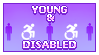 Stamp of several disability icons and people with the text 'young & disabled'