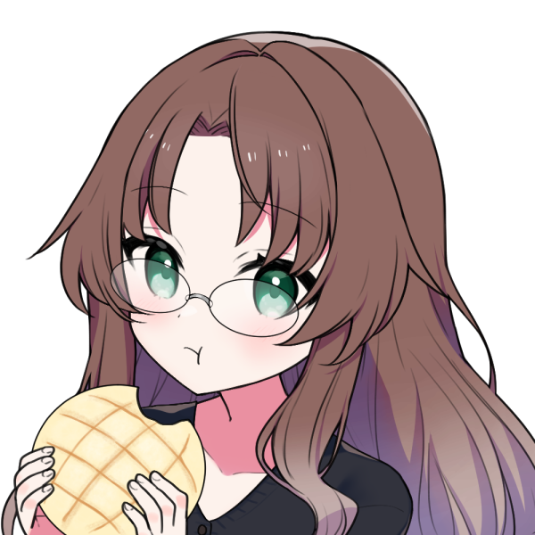 Girl with green eyes and glasses with a brown wolf cut hair style eating a melonpan